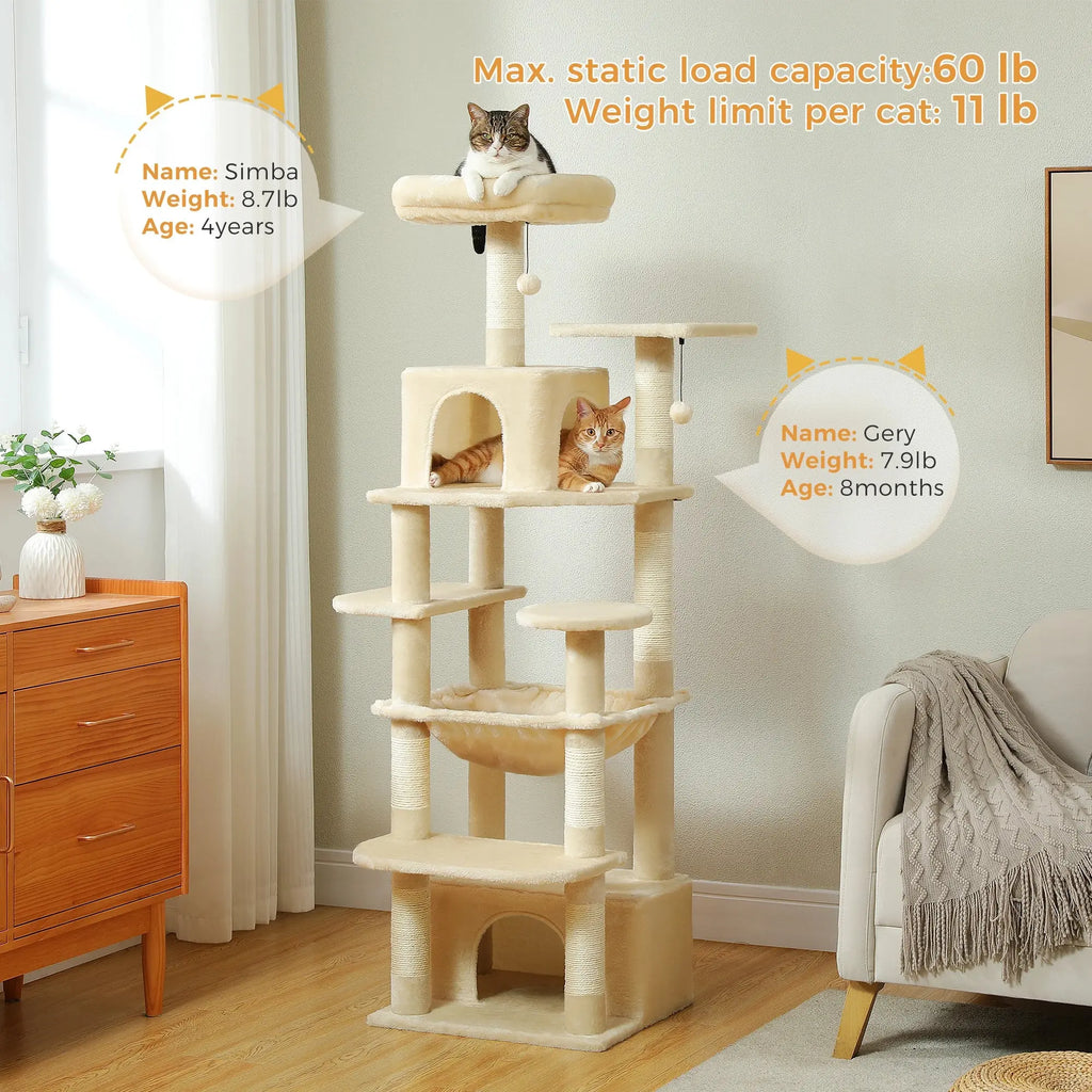 184cm Large Cat Tree and Tower for Indoor Cats With Sisal-Covered Scratching Posts Spacious Hammock Padded Perches and Condos Nova Trendz