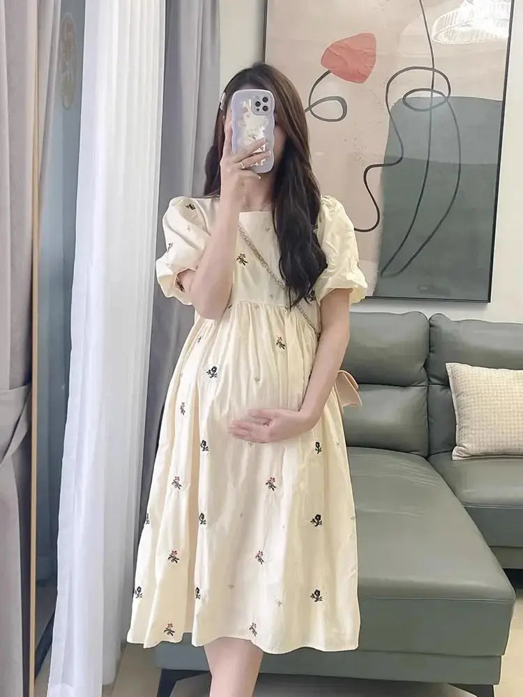 Pregnacy Dress Bowknot Dress Loose Women Bubble Sleeves Chiffon Small Flower Printing Maternity Clothing Pregnant Woman Clothes Nova Trendz