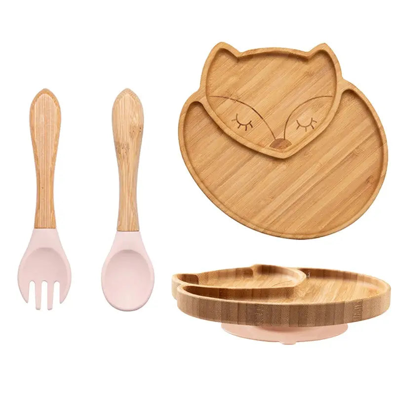 3Pcs Baby Bamboo Plate Silicone Suction Kids Wooden Feeding Tableware Non-slip Dinnerware Baby Tableware for Baby Birthday Gift Nova Trendz