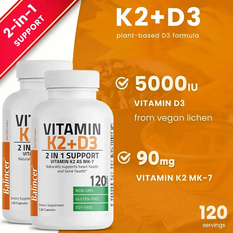 Vitamin D3 K2 2-in-1 Support, Dietary Supplement, Natural Support for Heart and Bone Health, Highly Absorbed, 120 Capsules Nova Trendz