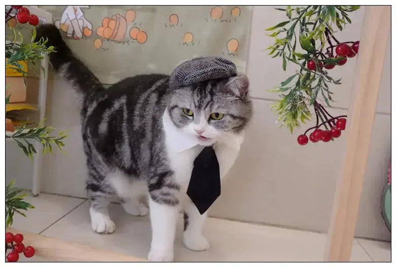 Funny Pet Cat Hat Gentleman's Hat Beret Tie Bathing Blood Gangster Handsome Cosplay Photo Prop Dog Halloween Costume Nova Trendz