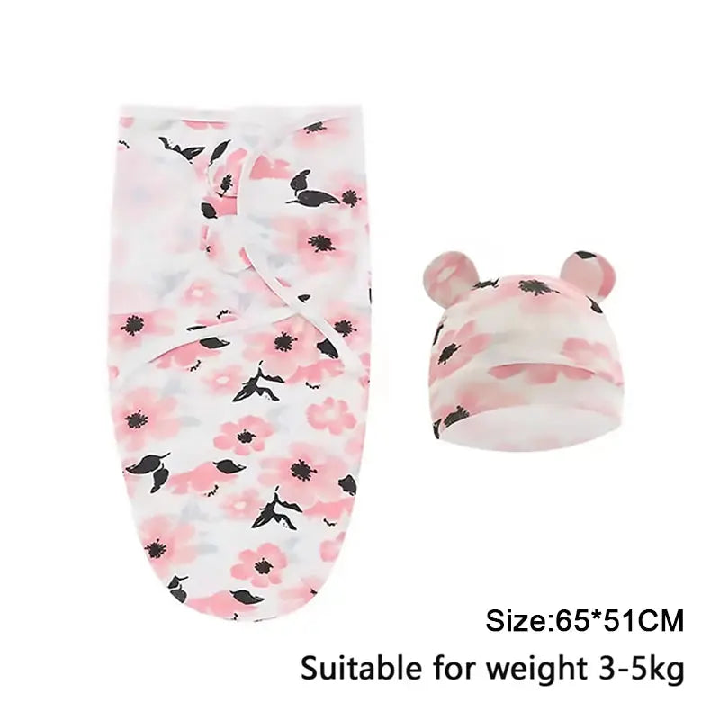 Baby Blanket Hat Set Cartoon Printed Cotton Newborn Swaddle Adjustable Infant Sleeping Swaddle Wraps All Seasons 0-6 Months - Nova Trendz
