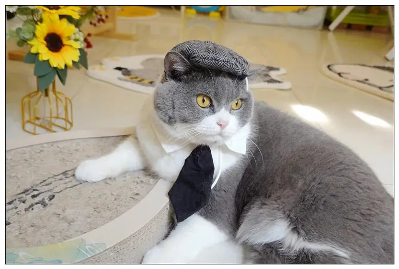 Funny Pet Cat Hat Gentleman's Hat Beret Tie Bathing Blood Gangster Handsome Cosplay Photo Prop Dog Halloween Costume Nova Trendz