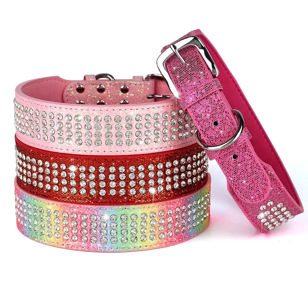 Bling Rhinestone Dog Collar Wide Leather Dogs Collars Glitter Diamond Pet Necklace Durable For Medium Large Dogs French Bulldog Nova Trendz