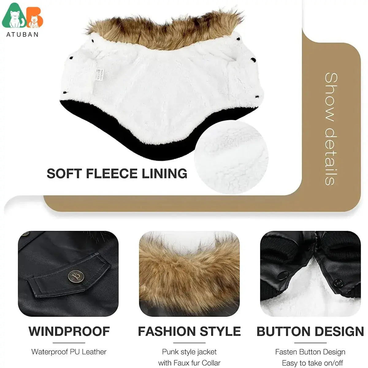 ATUBAN Leather Dog Coats Waterproof Dog Winter Coat Puppy Jackets for Small to Medium Dogs clothes for pets dog clothes winter - Nova Trendz