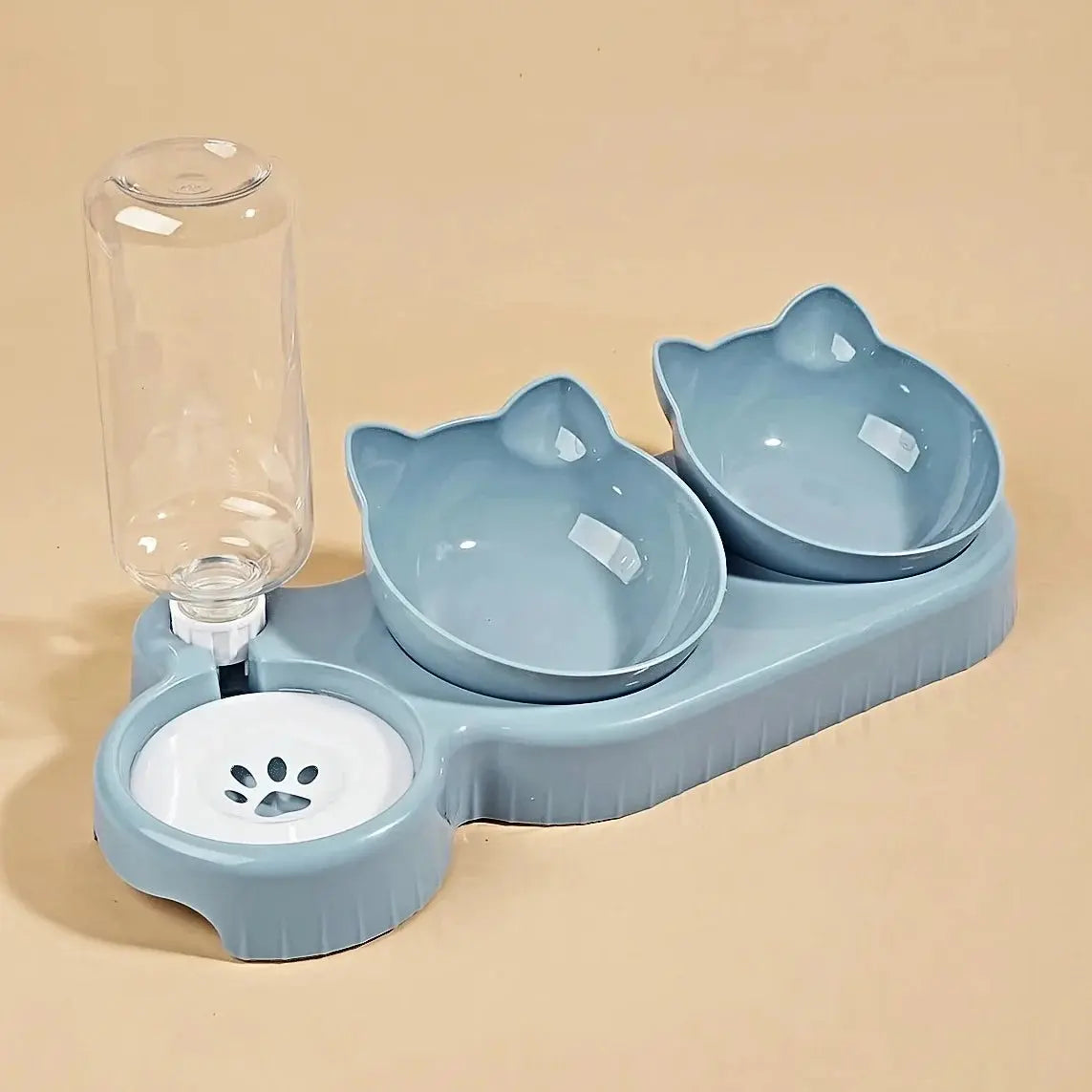 Pet Bowls With Water Feeder, 3 In 1 Ear Design Tilted Cat Water And Food Bowl Set With Gravity Water Bottle For Neck Protection - Nova Trendz