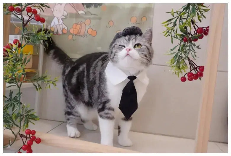 Funny Pet Cat Hat Gentleman's Hat Beret Tie Bathing Blood Gangster Handsome Cosplay Photo Prop Dog Halloween Costume Nova Trendz