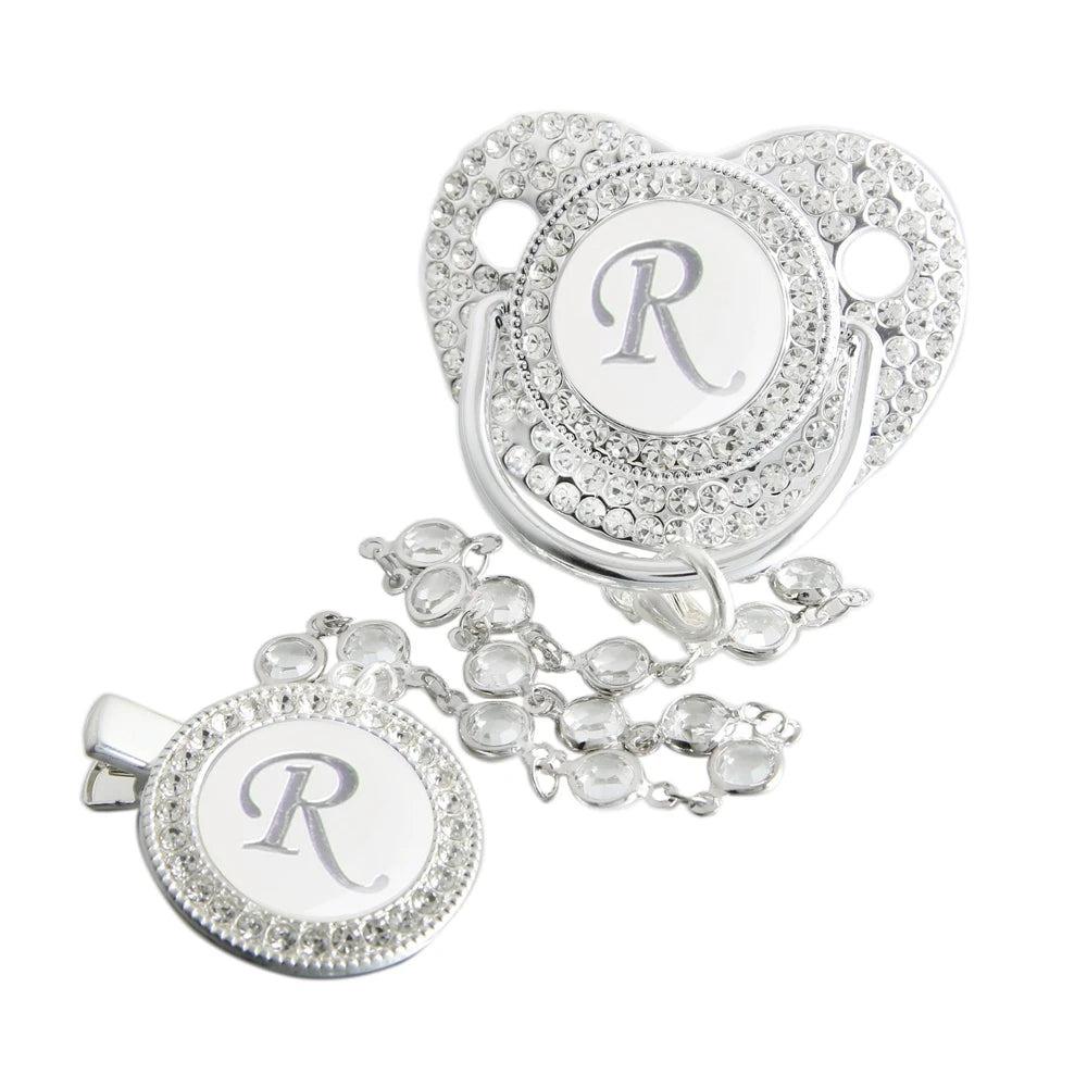 Initial Letter Siliver Baby Pacifier With Colorful Gem BPA Free Luxury Silver Dummy Soother Chupeta Weaning Pacifier