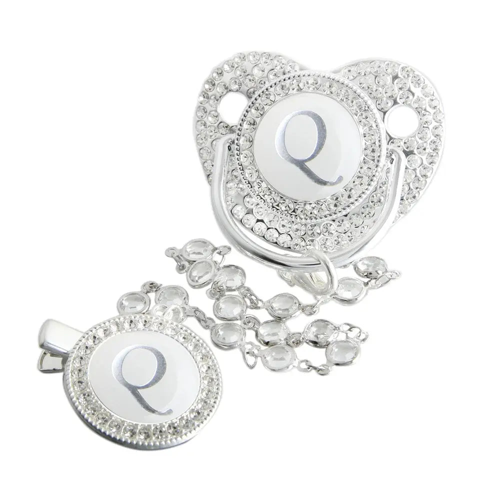 Initial Letter Siliver Baby Pacifier With Colorful Gem BPA Free Luxury Silver Dummy Soother Chupeta Weaning Pacifier Nova Trendz