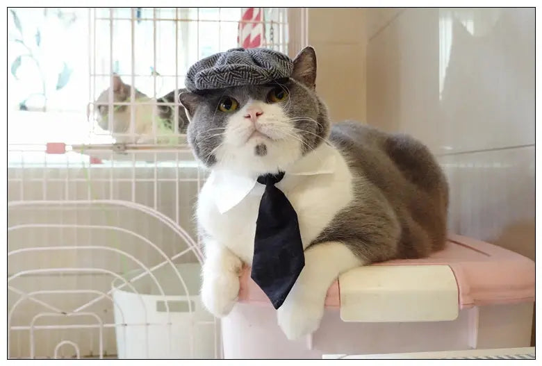 Funny Pet Cat Hat Gentleman's Hat Beret Tie Bathing Blood Gangster Handsome Cosplay Photo Prop Dog Halloween Costume Nova Trendz