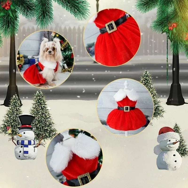 Pet Christmas Clothing Dog Cat Red Dress Warm Bow Frock Golden Velvet Fabric Santa Claus Clothes Dogs Cats Garment Pets Supplies - Nova Trendz