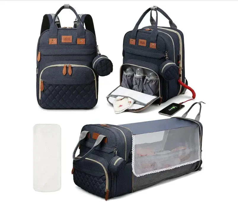 3 In 1 Diaper Bag Backpack Foldable Baby Bed Waterproof Travel Bag with USB Charge Diaper Bag Backpack with Changing Bed 3 types Nova Trendz