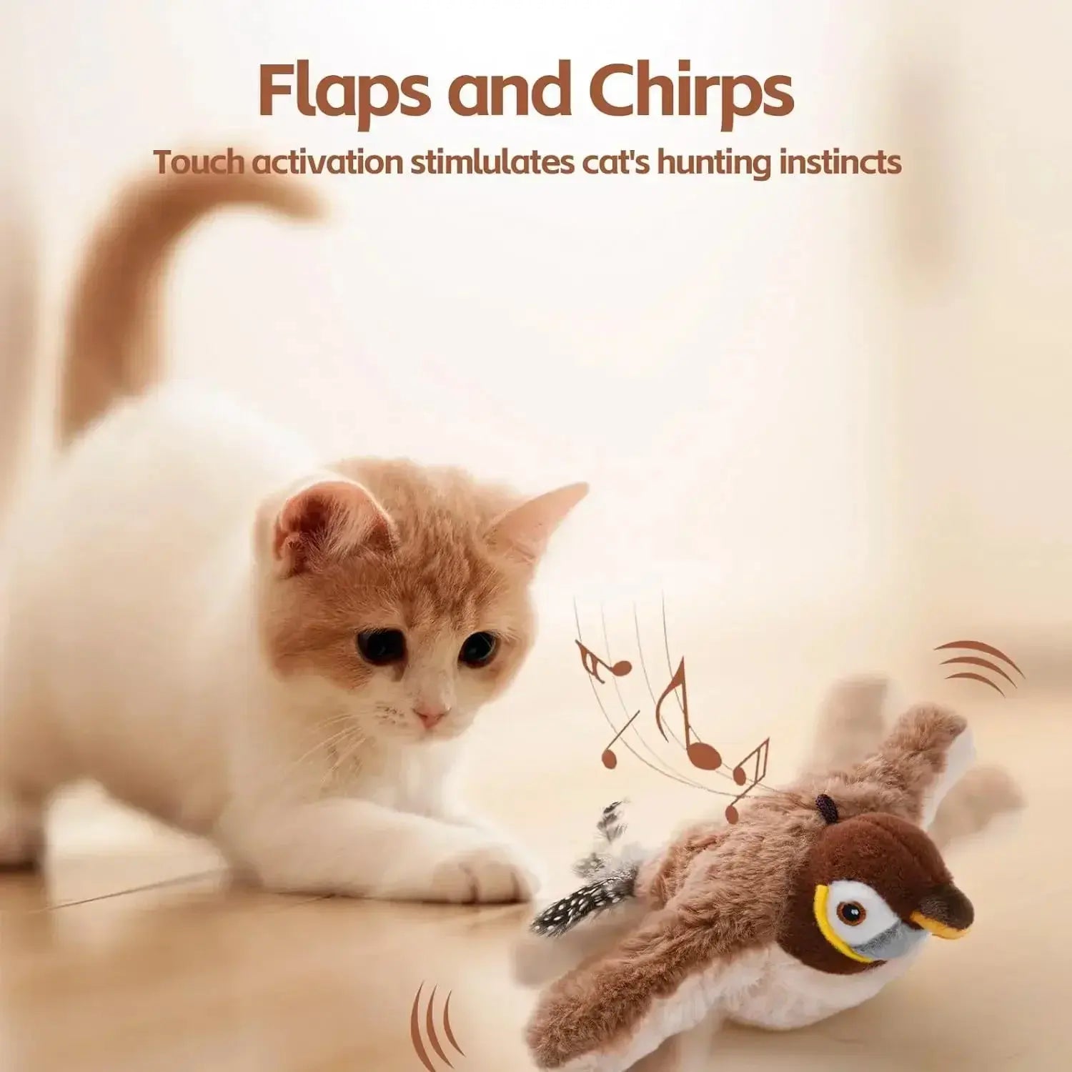Interactive Cat Toys Rechargeable Electric Flapping Wings Bird Cat Toy Sound Chirping Bird Catnip Touch Activated Plush Toy Nova Trendz
