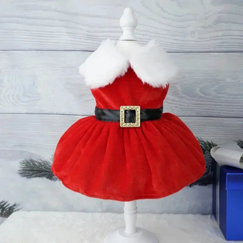 Pet Christmas Clothing Dog Cat Red Dress Warm Bow Frock Golden Velvet Fabric Santa Claus Clothes Dogs Cats Garment Pets Supplies - Nova Trendz