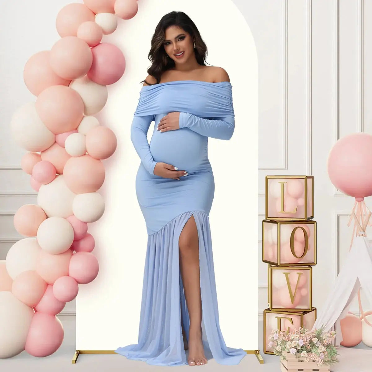 Maternity Dresses Photoshoot Off-Shoulder Slits Fishtail Hem Baby Shower Clothes For Pregnant Woman Evening Party Elegant Gown Nova Trendz