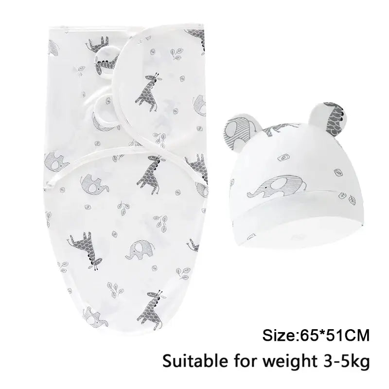Baby Blanket Hat Set Cartoon Printed Cotton Newborn Swaddle Adjustable Infant Sleeping Swaddle Wraps All Seasons 0-6 Months - Nova Trendz