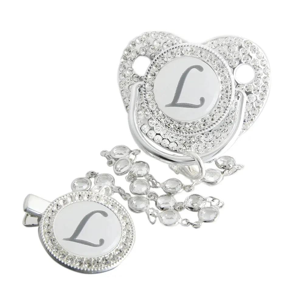Initial Letter Siliver Baby Pacifier With Colorful Gem BPA Free Luxury Silver Dummy Soother Chupeta Weaning Pacifier Nova Trendz