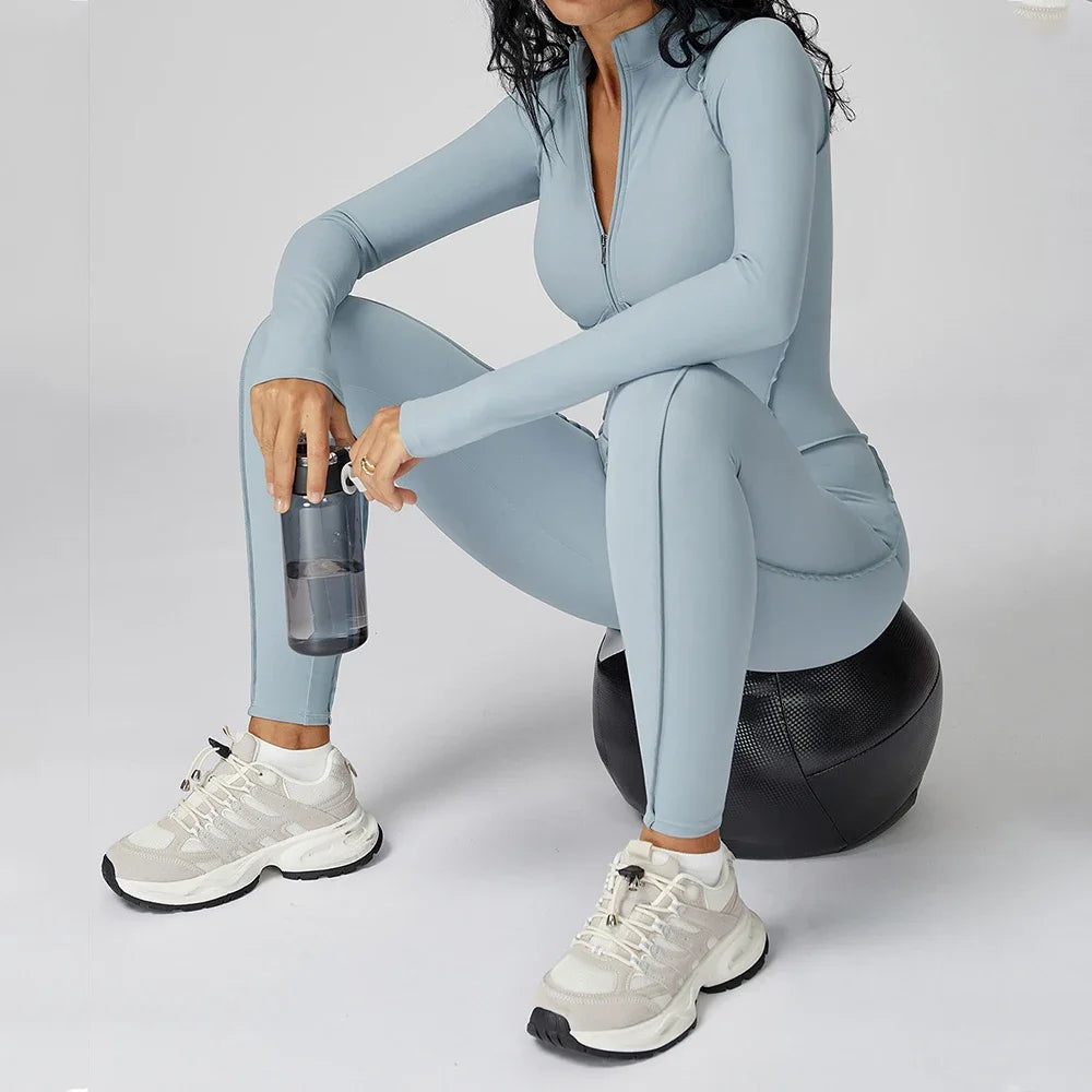 Yoga Bodysuit Long Sleeved Women's Tracksuits Gym Zipper Jumpsuits Sports Workout High-intensity Fitness One-piece Tights Suit Nova Trendz