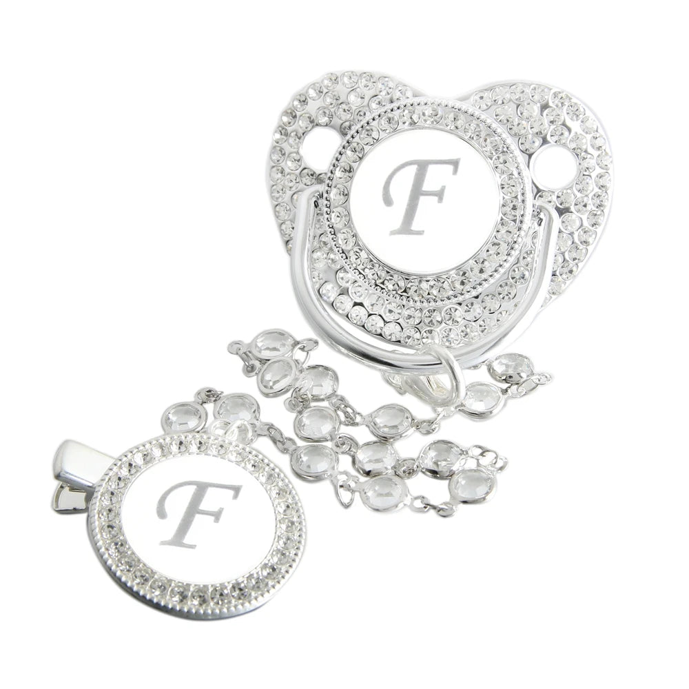 Initial Letter Siliver Baby Pacifier With Colorful Gem BPA Free Luxury Silver Dummy Soother Chupeta Weaning Pacifier