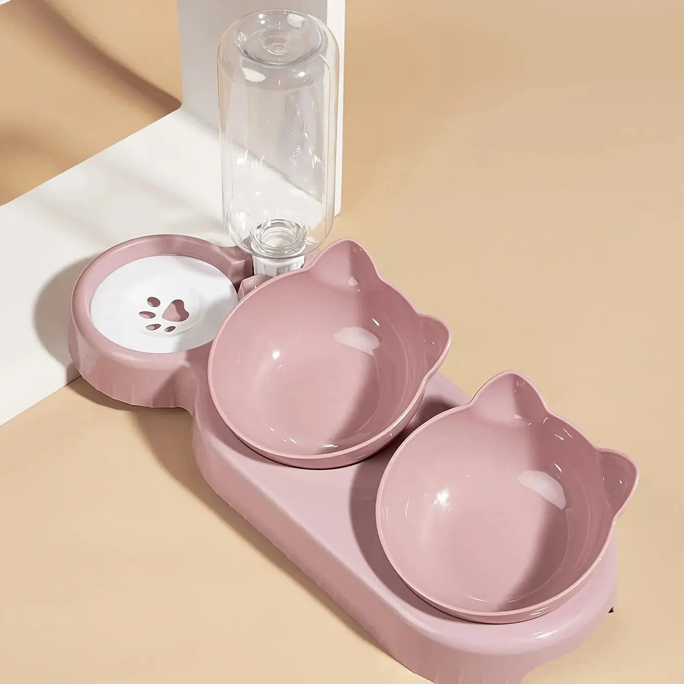 Pet Bowls With Water Feeder, 3 In 1 Ear Design Tilted Cat Water And Food Bowl Set With Gravity Water Bottle For Neck Protection - Nova Trendz
