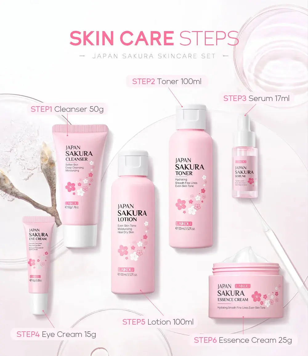 LAIKOU Sakura Skin Care Sets Facial Cleanser Eye Creams Face Cream Serum Lotion Toner Brightening Moisturizing Face Care Kit Nova Trendz