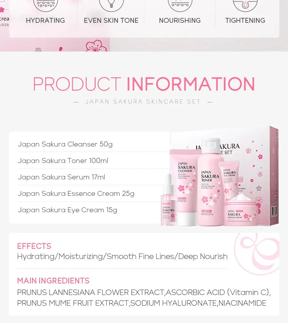 LAIKOU Sakura Skin Care Sets Facial Cleanser Eye Creams Face Cream Serum Lotion Toner Brightening Moisturizing Face Care Kit Nova Trendz