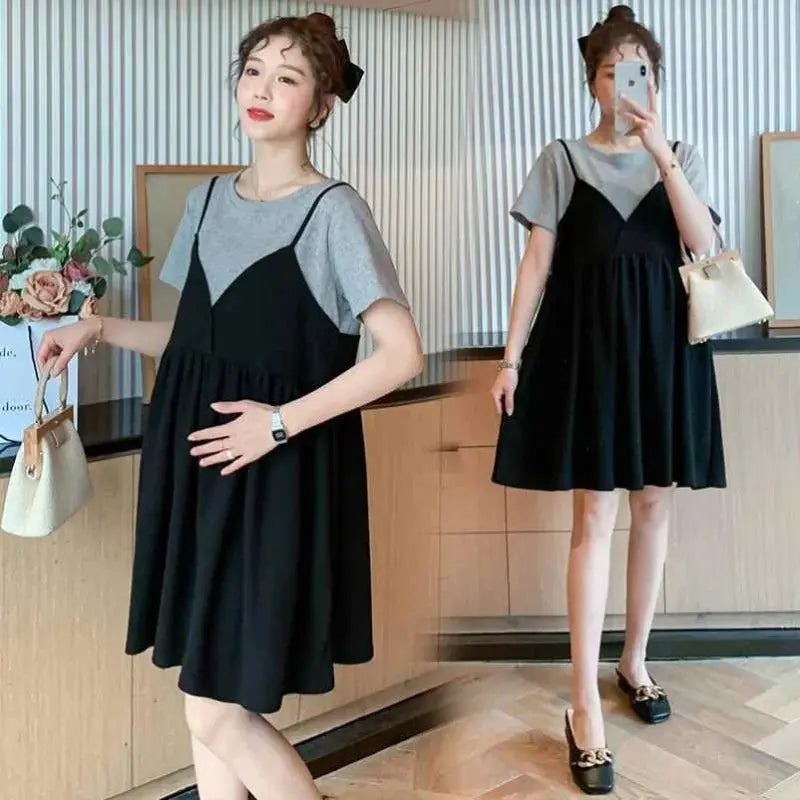 Summer Maternity New Fashion Casual Dresses Summer Mid-Length Maternity Tops Loose False Two-Piece Short-Sleeved Halter Dresses Nova Trendz
