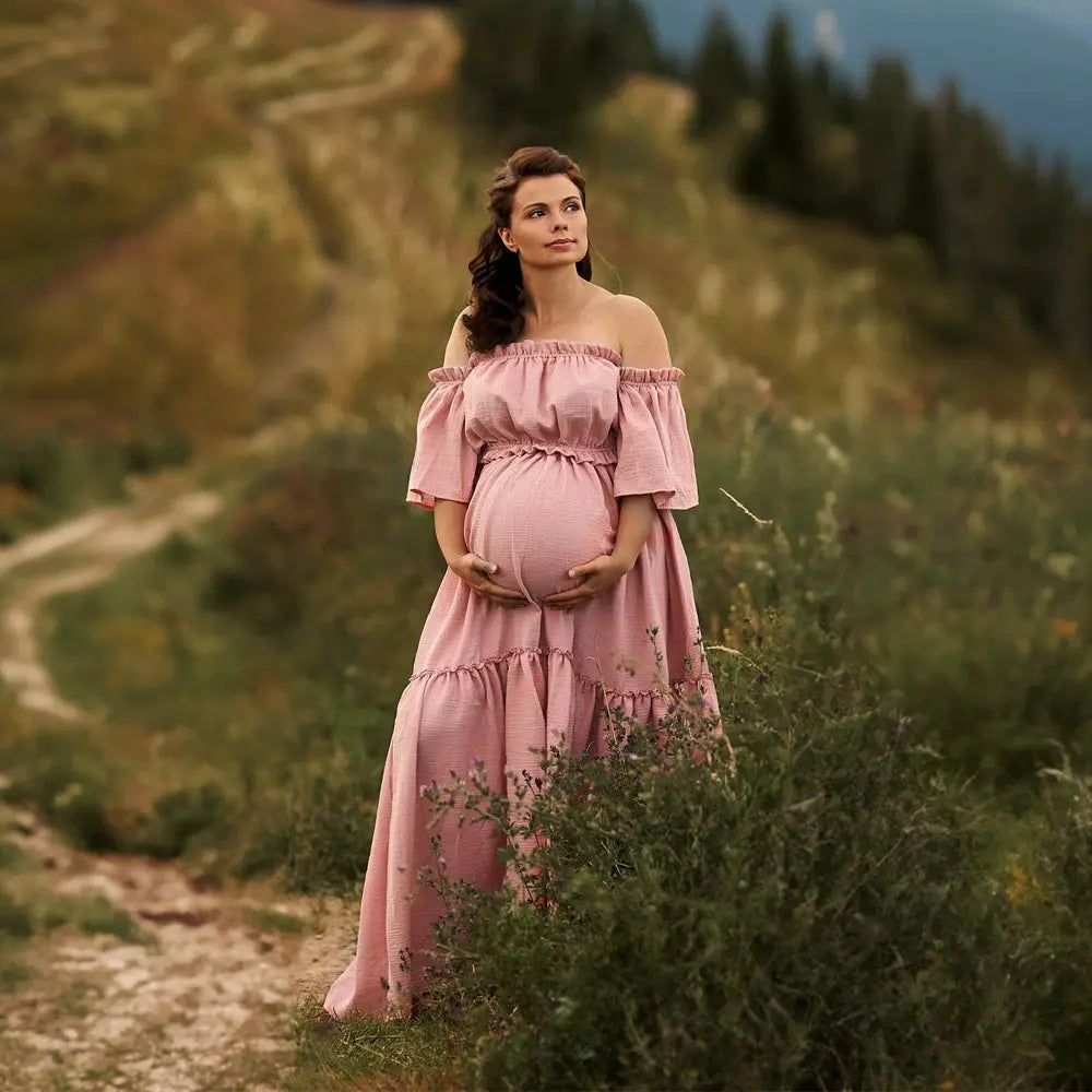 Women Boho Dress Comfortable Linen Cotton Maternity Clothing Vintage  Short Sleeve Dress For Pregnancy Photo Shoot Nova Trendz