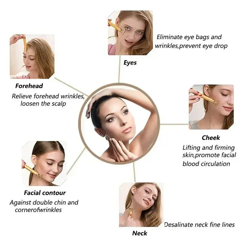 24K Gold Beauty Bar Face Massager Electric Vibrating Rose Quartz 3D Roller Face Lifting Body Facial Gua Sha Jade Roller Nova Trendz