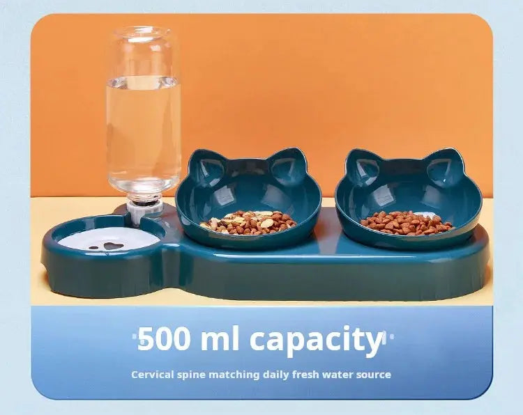 Pet Bowls With Water Feeder, 3 In 1 Ear Design Tilted Cat Water And Food Bowl Set With Gravity Water Bottle For Neck Protection - Nova Trendz