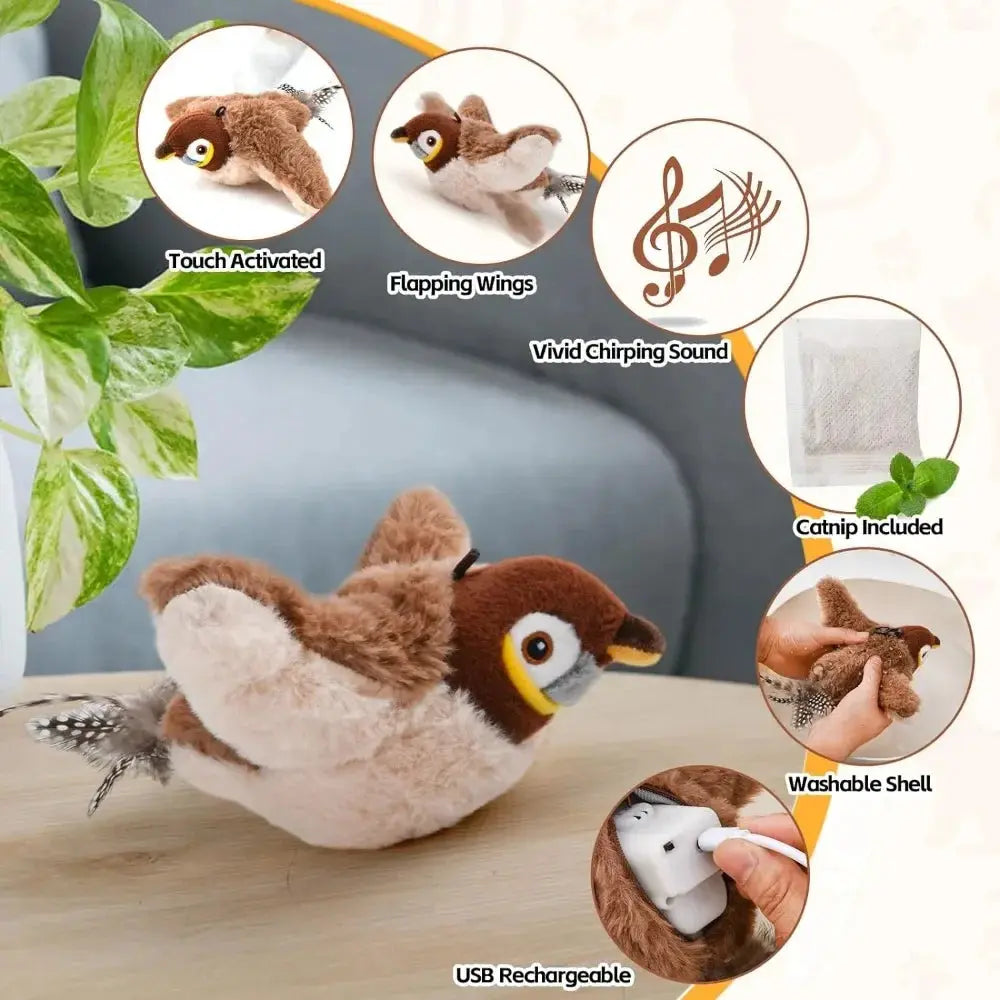 Interactive Cat Toys Rechargeable Electric Flapping Wings Bird Cat Toy Sound Chirping Bird Catnip Touch Activated Plush Toy Nova Trendz