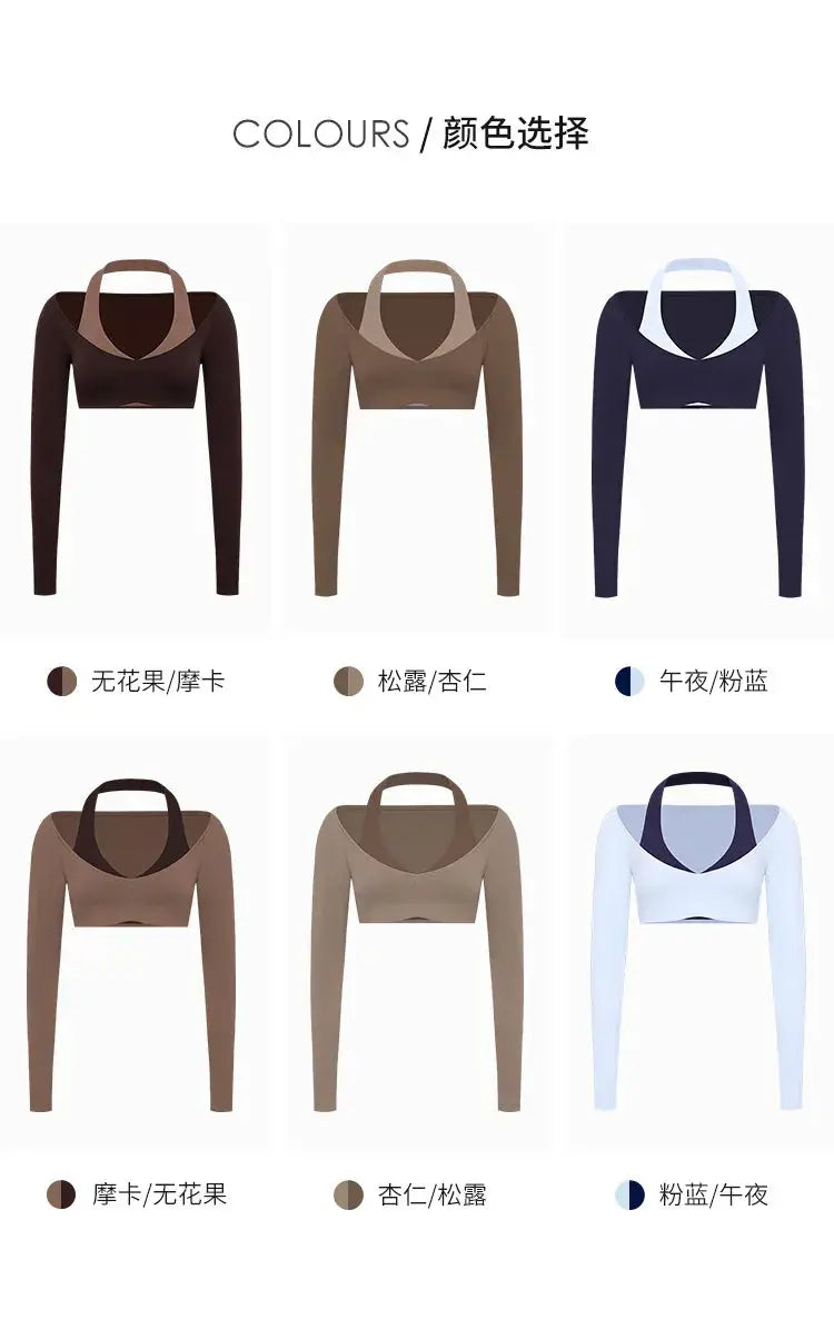 Women's Fake Two-Piece Sports Long Sleeve Halter Neck Pilates Yoga Shirt Slim Fit Fitness Sports Top Leggings Workout Tights - Nova Trendz