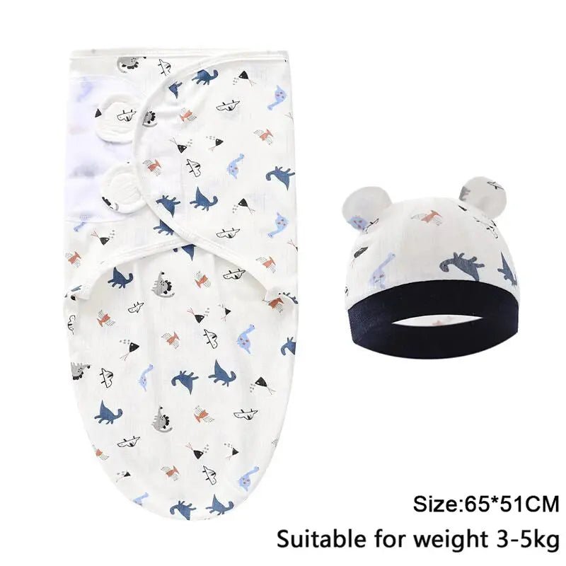 Baby Blanket Hat Set Cartoon Printed Cotton Newborn Swaddle Adjustable Infant Sleeping Swaddle Wraps All Seasons 0-6 Months - Nova Trendz