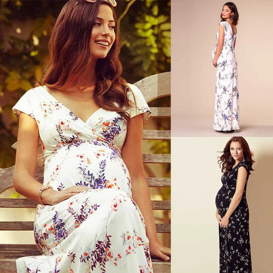Women'S Dress Women Maternity Floral Printed Short-Sleeved Long Dresses Casual Temperament Pregnant Wedding Party Outfits 2024