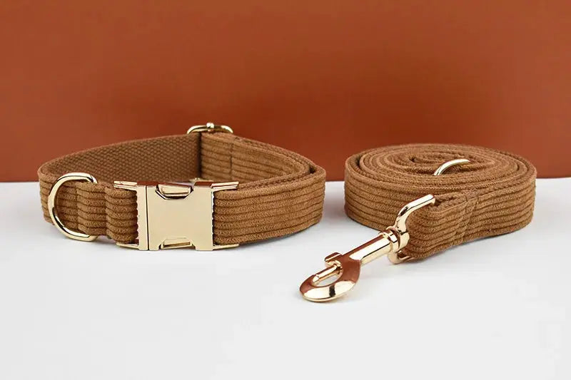 Caramel Corduroy Dog Collar And Leash Set For Dogs Custom Engraved Nameplate Pet Supplies Dog Leash Corduroy01 - Nova Trendz