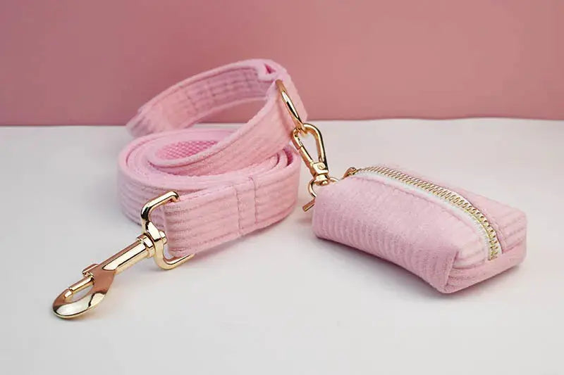Pink Corduroy Dog Collar And Leash Set For Dogs Custom Engraved Nameplate Pet Supplies Dog Leash Corduroy07 - Nova Trendz