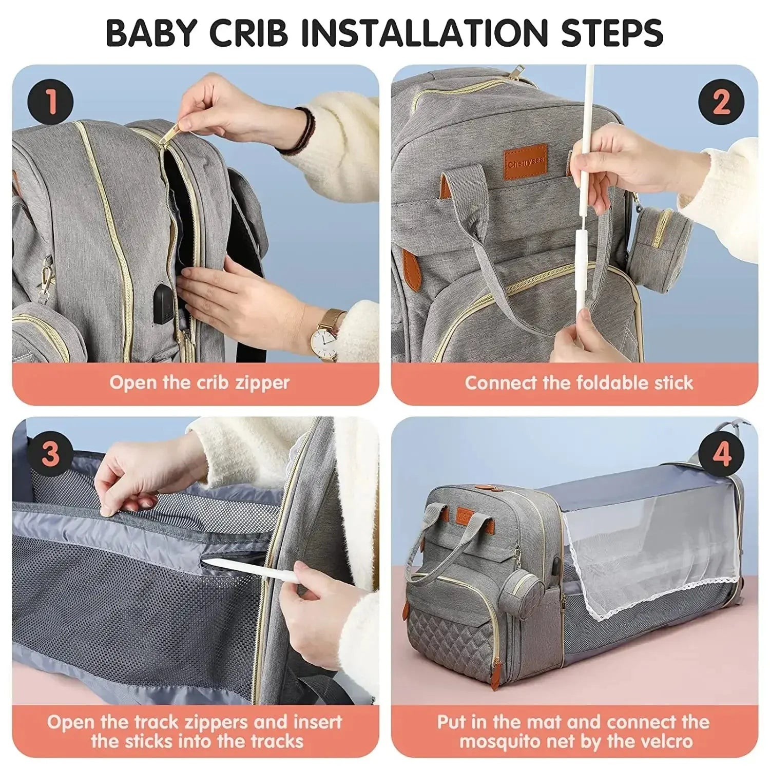 3 In 1 Diaper Bag Backpack Foldable Baby Bed Waterproof Travel Bag with USB Charge Diaper Bag Backpack with Changing Bed 3 types Nova Trendz
