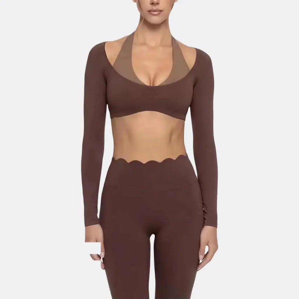 Women's Fake Two-Piece Sports Long Sleeve Halter Neck Pilates Yoga Shirt Slim Fit Fitness Sports Top Leggings Workout Tights - Nova Trendz
