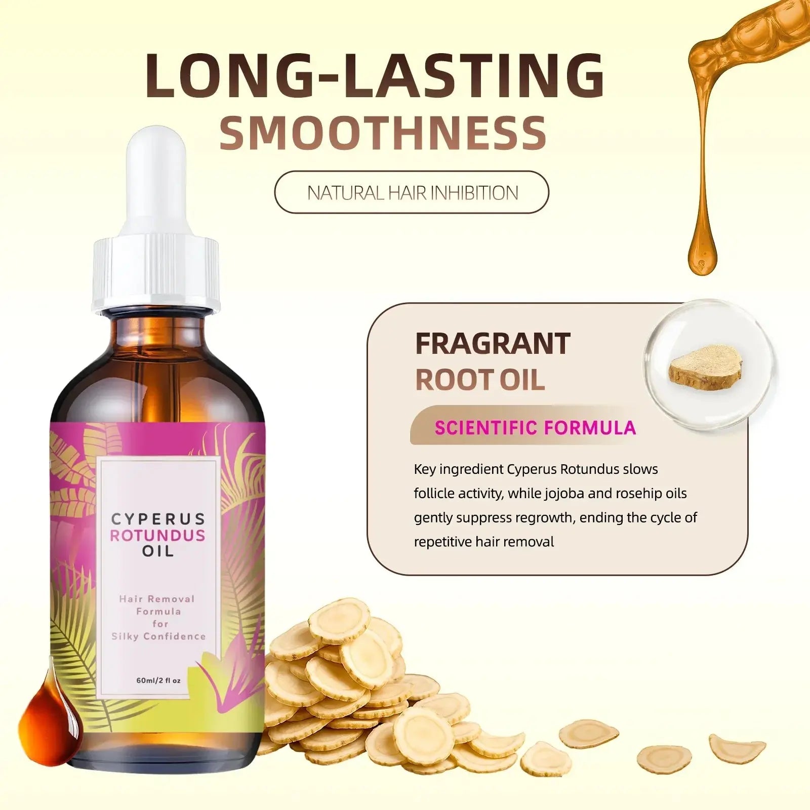 Hair Removal Oil 60ml - Natural Hair Growth Inhibitor with Jojoba & Almond Oil, Gentle Formula for Smooth Skin, All Skin Types Nova Trendz
