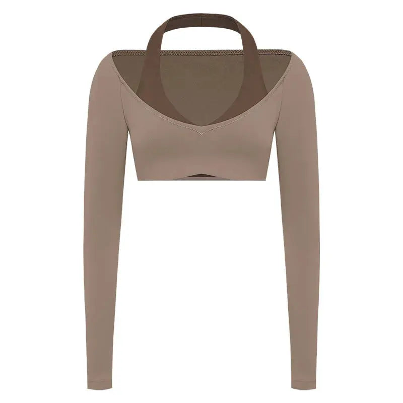 Women's Fake Two-Piece Sports Long Sleeve Halter Neck Pilates Yoga Shirt Slim Fit Fitness Sports Top Leggings Workout Tights - Nova Trendz