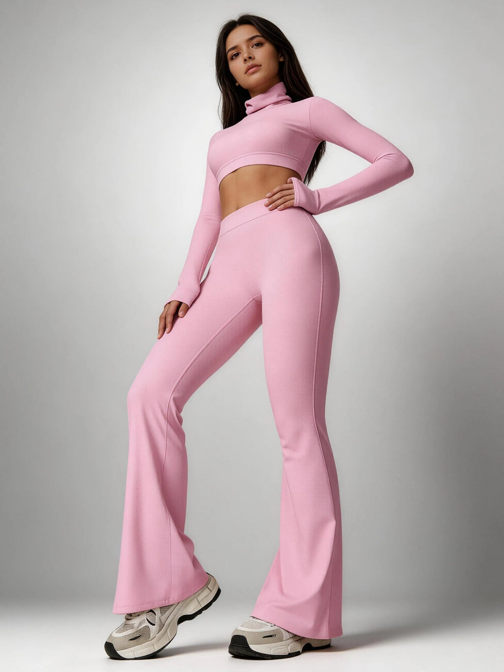Women's Turtleneck Long Sleeve Yoga Set Back Cutout Flare Pants with Removable Pads Tummy Control Butt Lifting Gym Outfit Nova Trendz
