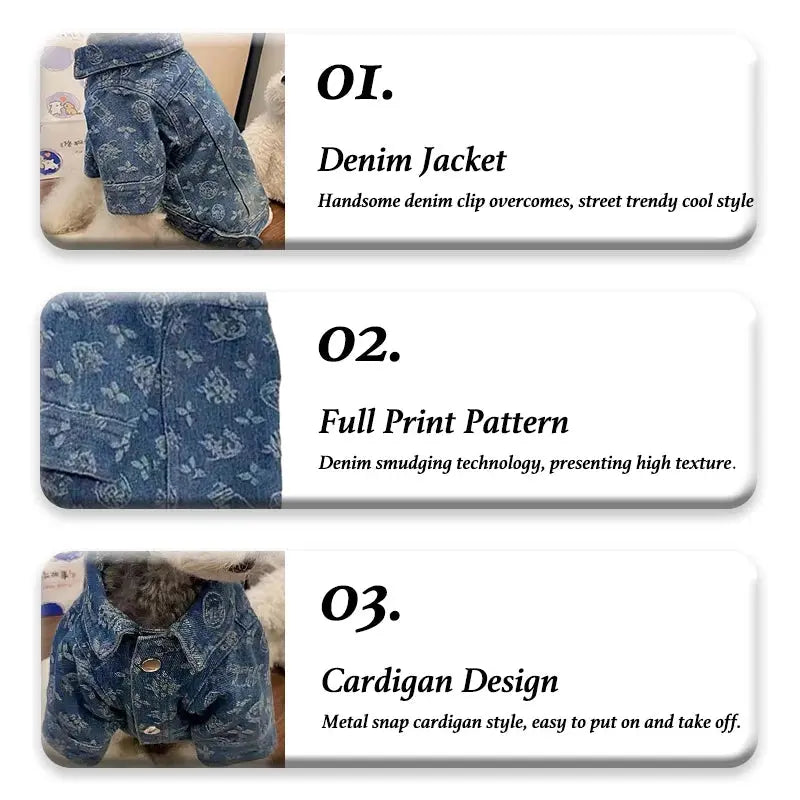 Printing Denim Clothes for Small Medium Dogs Soft Polyester Unisex Cat Overalls Snap Button Coats Autumn Pet Chihuahua Clothing - Nova Trendz