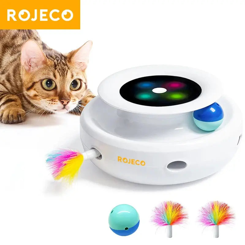 ROJECO 2 in 1 Smart Cat Toys Automatic Feather Fun Ball Toy Set For Cat Dog 5 Modes Electronic Interactive Pet Toy Accessories - Nova Trendz
