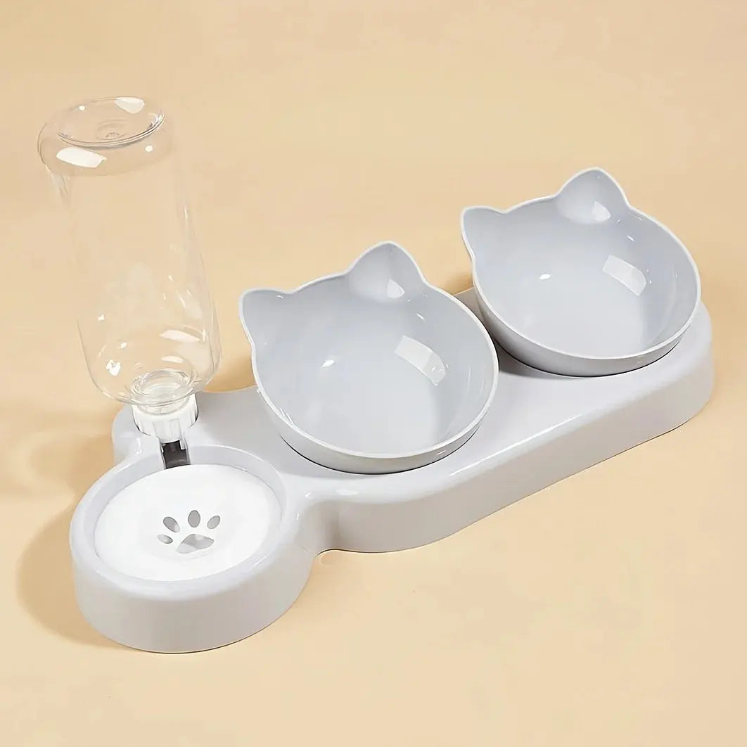 Pet Bowls With Water Feeder, 3 In 1 Ear Design Tilted Cat Water And Food Bowl Set With Gravity Water Bottle For Neck Protection - Nova Trendz