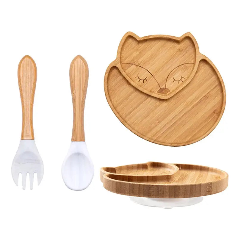 3Pcs Baby Bamboo Plate Silicone Suction Kids Wooden Feeding Tableware Non-slip Dinnerware Baby Tableware for Baby Birthday Gift Nova Trendz