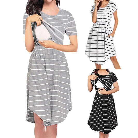 Summer Maternity Care Striped Dresses Women Maternity Casual Striped Short Sleeve Nursing Dress Clothes For Pregnant Women