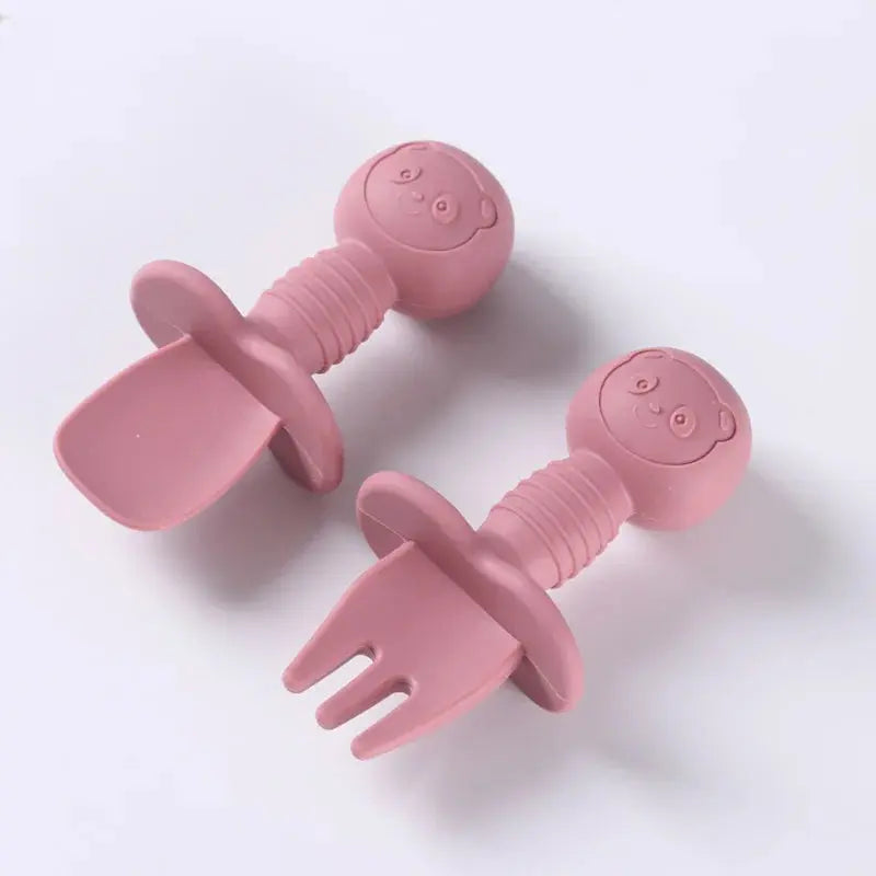 2pcs Food Grade Children Wooden Handle Silicone Spoon Fork Cutlery Baby Training Complementary Food Spoon BabyFeeding Spoon Fork Nova Trendz