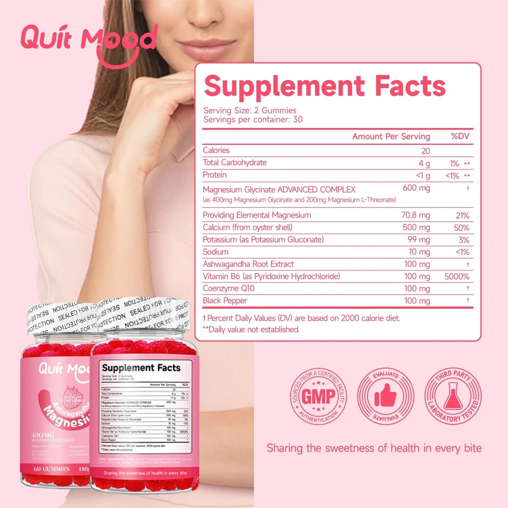 Quit mood Magnesium Glycinate 600mg Gummies - Ashwagandha & Calcium with B6 Stress & Bone Support Nova Trendz