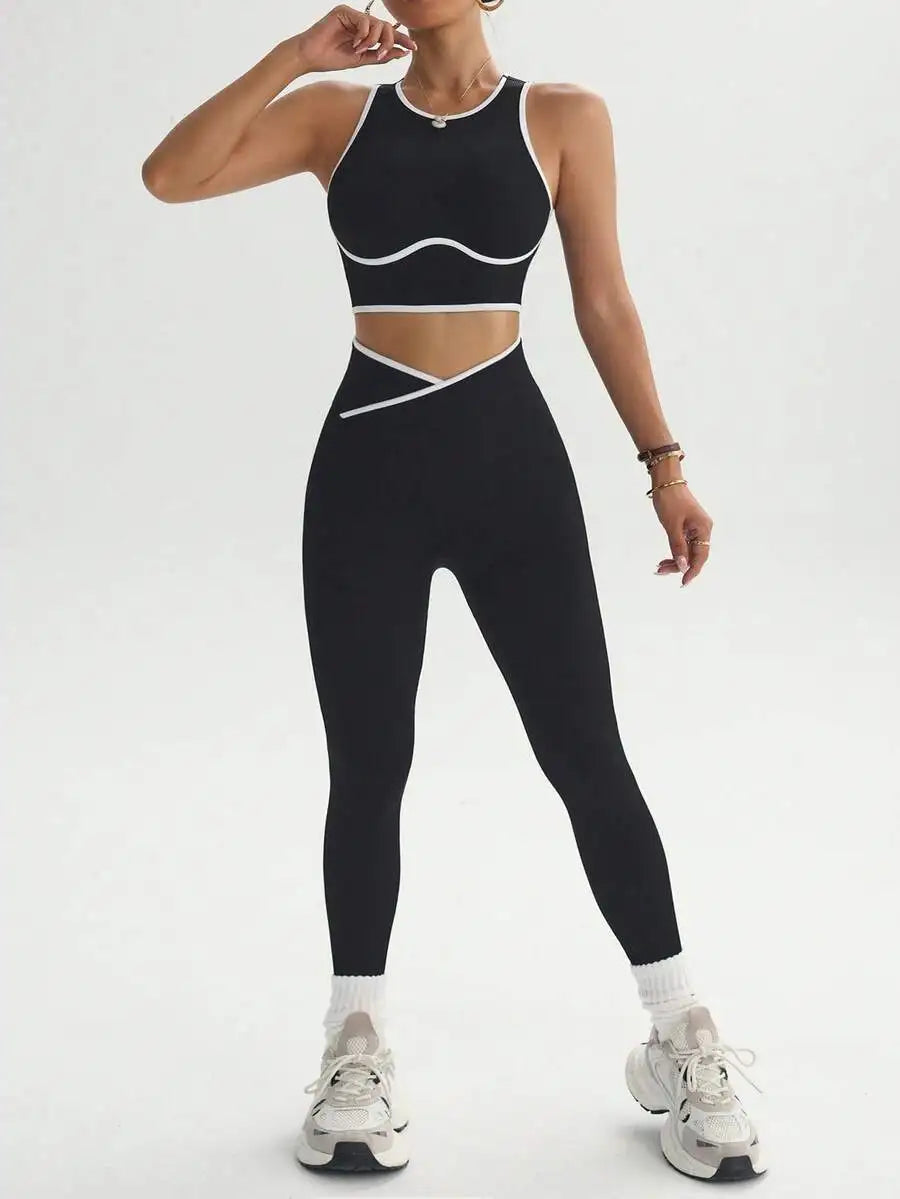 Contrast Trim Hollow Back Camisole And Leggings 2 Piece Sports Suit Breathable Slim Fitness Yoga Workout Tracksuit For Women Nova Trendz