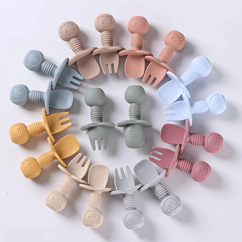 2pcs Food Grade Children Wooden Handle Silicone Spoon Fork Cutlery Baby Training Complementary Food Spoon BabyFeeding Spoon Fork Nova Trendz